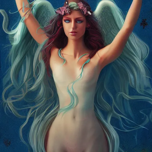 Image similar to beautiful magic angel, full body, flowing hair, blue eyes, beautiful aesthetic, by james jean and joe jusco, trending on artstation, digital art, cinematic lightning, ultra high detail, 8 k