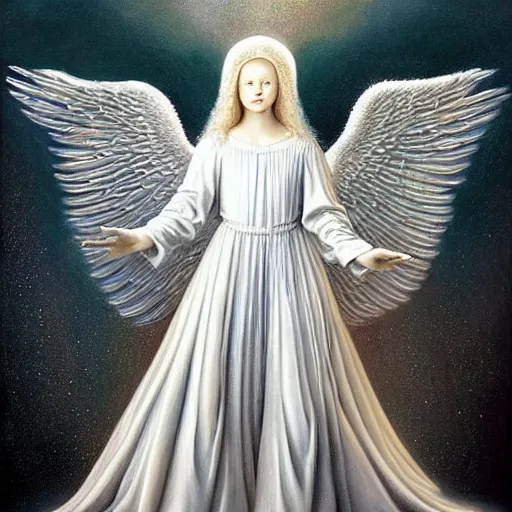 Prompt: highdetailed hyperrealistic painting of white angel!!! no gender smiling noface!!!, light instead of hands, white sparkles everywhere, 4 k hd face!!!, big silver high detailed wings!!!, renaissance, by jan van eyck, holography space, glow effect, large strokes, monochrome!!!!!, digital painting