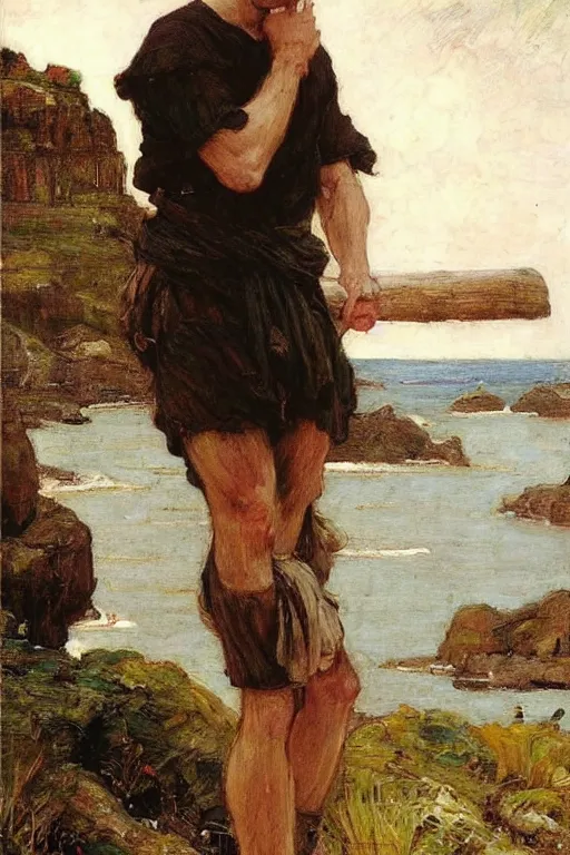 Prompt: herry cavill, attractive male, painting by john william waterhouse