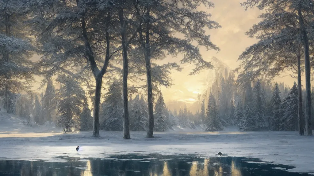 Image similar to the most beautiful panoramic landscape, oil painting, where a giant dreamy lake is frozen, the trees around have snow over their leafs, a majestic polar bear is exhaling steam and the ray lights of the sunrise are brightening him, by greg rutkowski