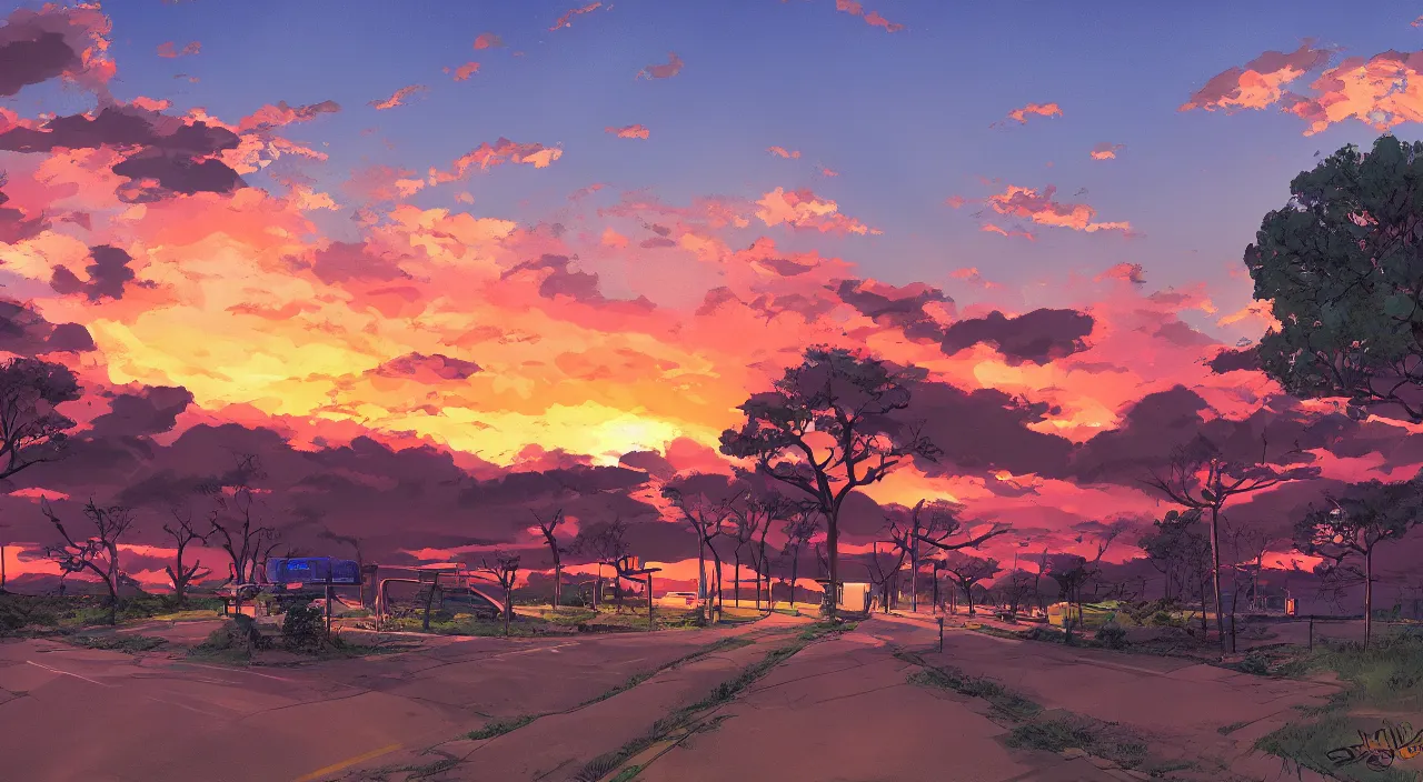 Prompt: rest stop road side south west sunset sky beautiful artstation 4 k breathtaking concept art illustration cartoon by jack kirby