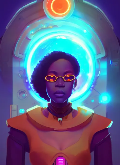 Image similar to afro - futurist engineer in a lab studying holographic schematics + full body | hyperrealistic digital painting by makoto shinkai, ilya kuvshinov, lois van baarle, rossdraws | afrofuturism in the style of hearthstone and overwatch, trending on artstation | orange highlights and complimentary colors