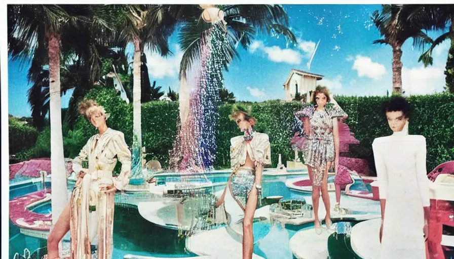 Image similar to 1 9 8 8 italia vogue magazine photo of a mansion, christian dior archi style, mediterranean beach background, refracted lines and sparkles, flash photography, major arcana sky and occult symbols