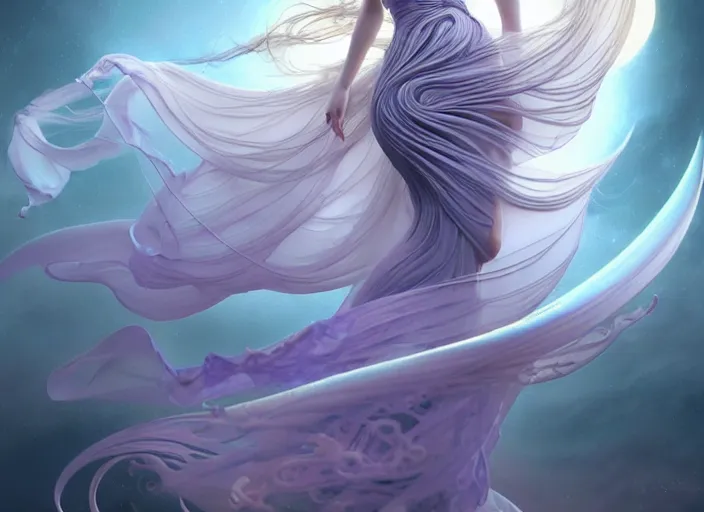 Prompt: beautiful curvy moon goddess in long flowy dress, porcelain highlighted skin, detailed face with anime style traits, iridescent fractal whirls, passionate pose, intricate, elegant, sharp focus, highly detailed, matte, trending on artstation, purple glow, 3 d 8 k, by artgerm and greg rutkowski, mucha, giger, beksinski, ross tran