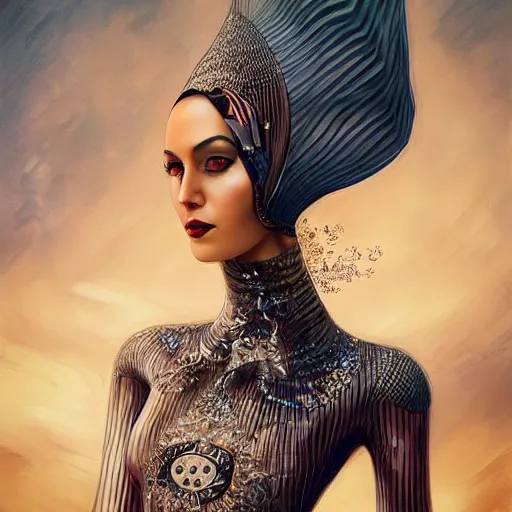 Image similar to a beautiful arabian woman wearing a futuristic dress by alexander mcqueen, thom browne, karol bak, ayami kojima, artgerm, arabian beauty, blue eyes, smile, concept art, fantasy