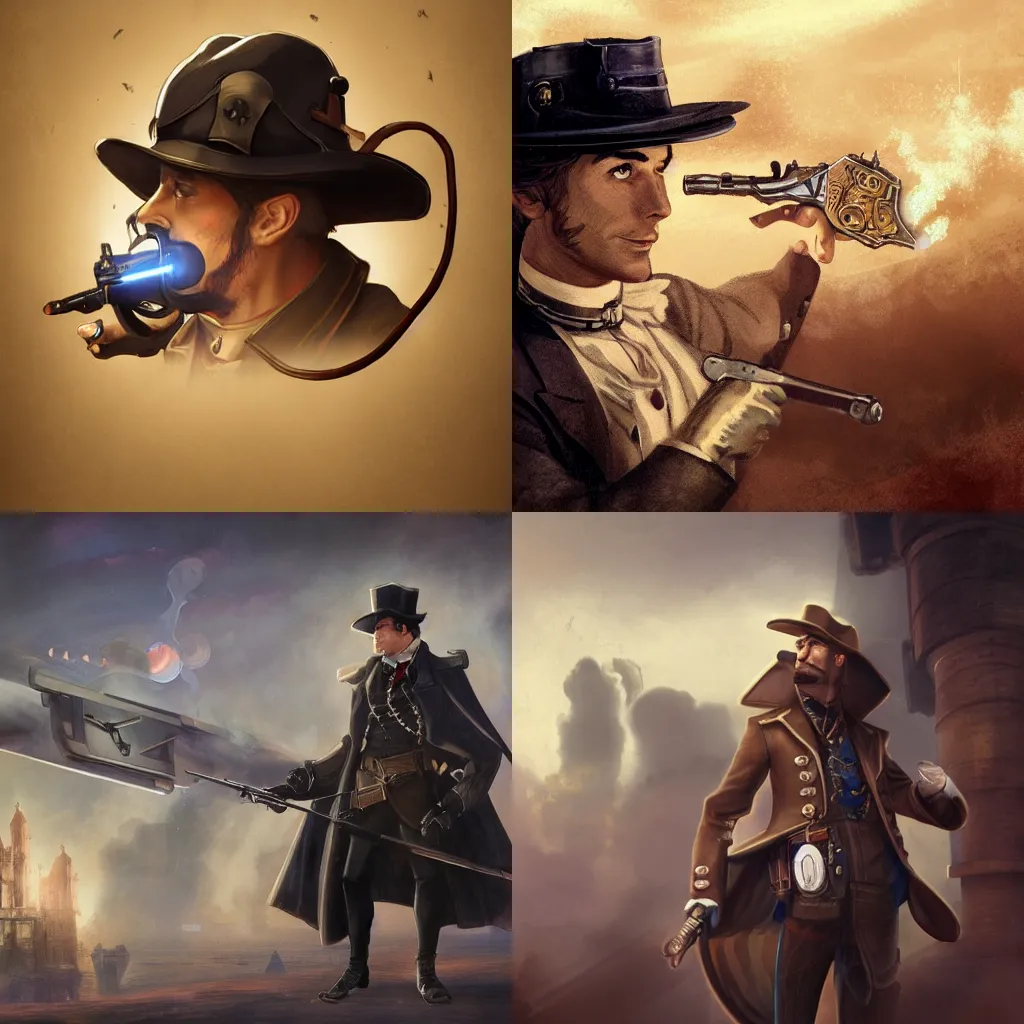 Prompt: a noble hero in hat with revolver in hand and steam spaceship on background, steam romance, victorian, concept art, adventure, jonathan winterhart, detailed, 4k resolution, trending on artstation