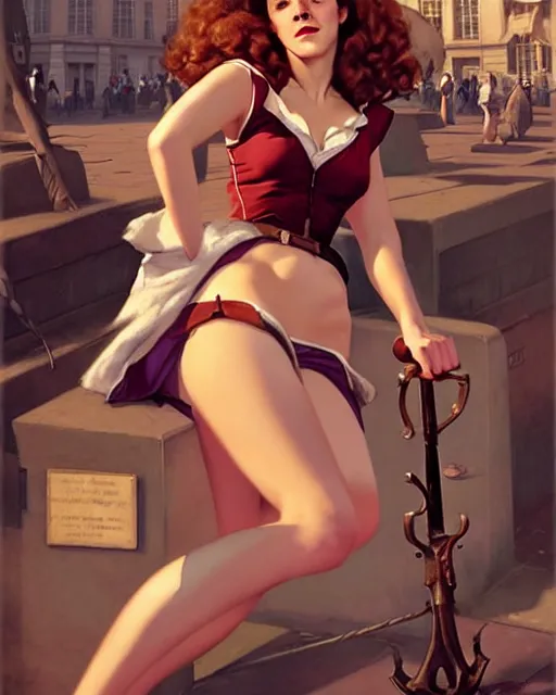 Image similar to pinup photo of hermione granger by emma watson in the crowded square of the city, by greg rutkowski, gil elvgren, enoch bolles, kezie demessance, glossy skin, pearlescent, very coherent, very detailed