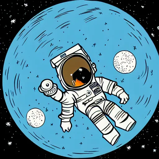 Image similar to bill watterson illustration of an astronaut drifting in space staring at the earth