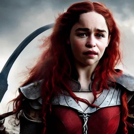 Image similar to emilia clarke, as a medieval fantasy character, with dark red hair, wearing light armor and red clothing, holding a longsword, determined expression, noble, cinematic, dark, realistic, digital art, 8 k