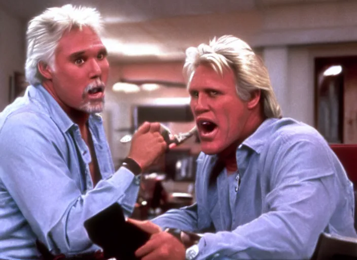 Prompt: film still of Kenny Rogers and Gary Busey yelling at a computer in the new You've Got Mail movie, 4k