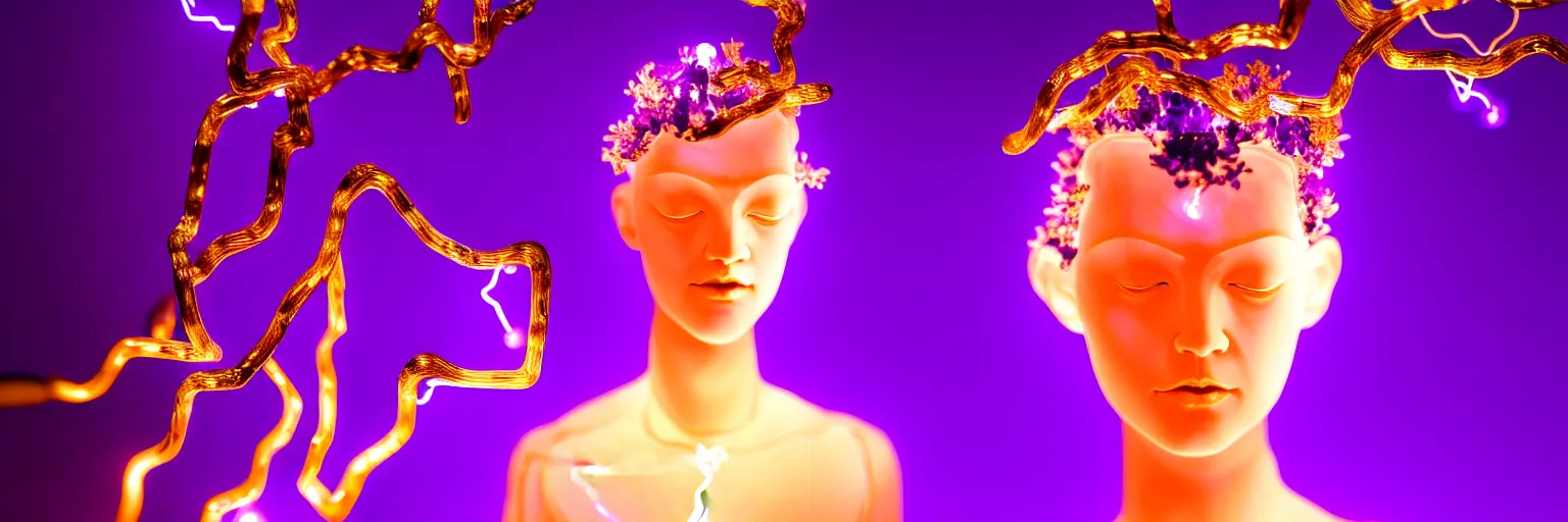 Image similar to beautiful mannequin sculpted out of amethyst by billelis + lit with geometric neon dripping gold + kintsugi, facing a doorway opening with neon pink geometric fractal light + flowering bonsai trees + lighting in background!!, transcendent, clean linework, dramatic, finely detailed, award winning, 4 k, trending on artstation, photorealistic, volumetric lighting, octane render