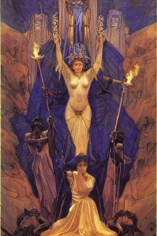 Prompt: queen of the underworld with her lantern and retinue, by Annie Swynnerton and Nicholas Roerich and jean delville, strong dramatic cinematic lighting , ornate headdress , flowing robes, lost civilizations, smooth, sharp focus, extremely detailed
