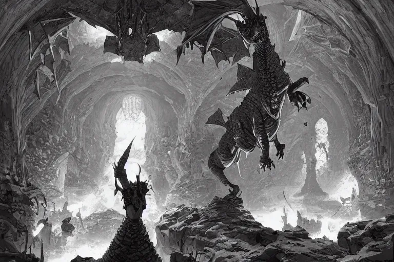 Image similar to black and white one point perspective dungeon cozy fantasy dungeon dragon artgerm and Craig Mullins, James Jean, Andrey Ryabovichev, Mark Simonetti and Peter Morbacher 16k