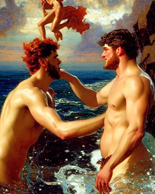 Prompt: attractive god neptune arguing with handsome god poseidon about who rules the oceans, painting by gaston bussiere, craig mullins, j. c. leyendecker,