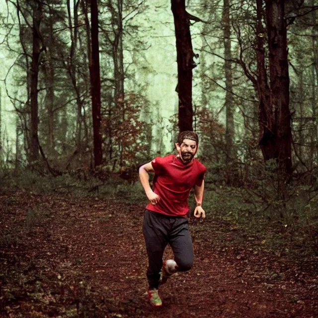 Prompt: photo of shia labeouf sprinting through the woods with dark red liquid all over his face, dramatic, cinematic, cinestill 8 0 0 t, motion blur