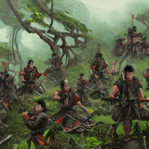 Prompt: an army of samurai standing in the ruins of a destroyed monastery, they are in a jungle with vines everywhere, digital art, artstationhq