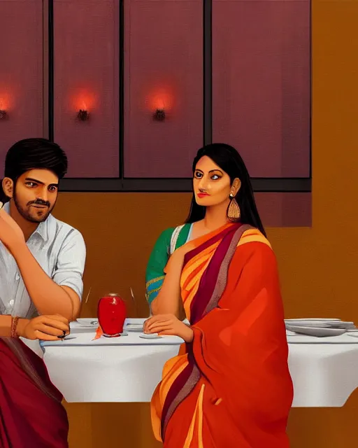 Image similar to a guy and girl on a date in a restaurant, saree, desi, art by salman toor. faithfully depicted facial expression, perfect anatomy, sharp focus, global illumination, radiant light, detailed and intricate environment, trending on artstation