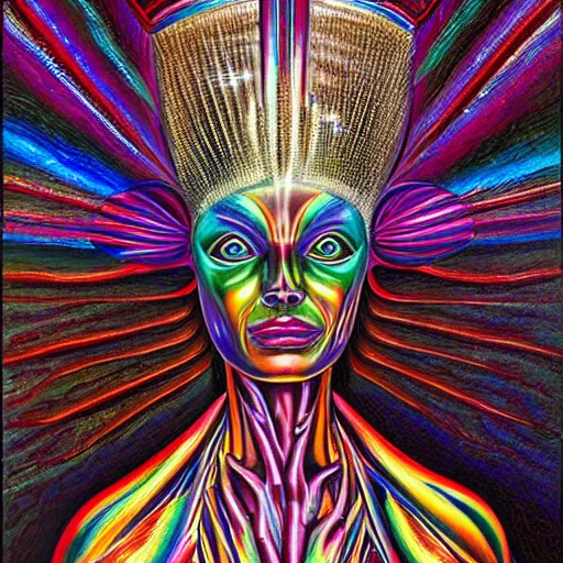 Image similar to a hyper realistic painting of an alien princess, metal headdress, by alex grey, highly detailed, vivid color,