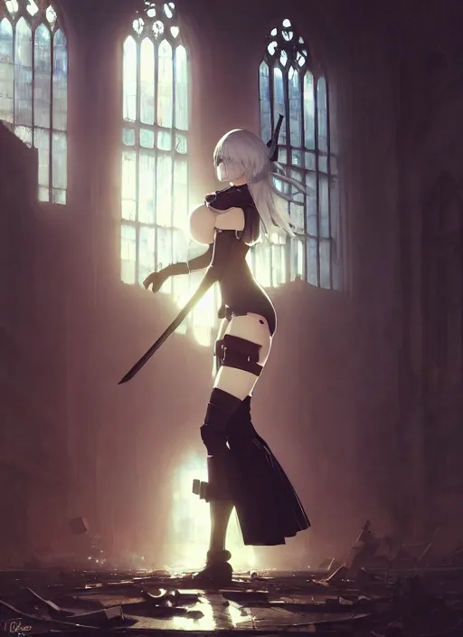 Image similar to portrait of 2 b from nier automata in an abandoned church, dead robots, a large katana, intricate, elegant, glowing lights, highly detailed, digital painting, artstation, concept art, smooth, sharp focus, illustration, art by wlop, mars ravelo and greg rutkowski