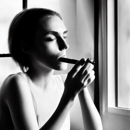 Image similar to Live Action Still of Jerma985 in a film of a beautiful model woman smoking a cigarette by the window, black and white, hyperrealistic, ultra realistic, realistic, highly detailed, epic, HD quality, 8k resolution, body and headshot, film still