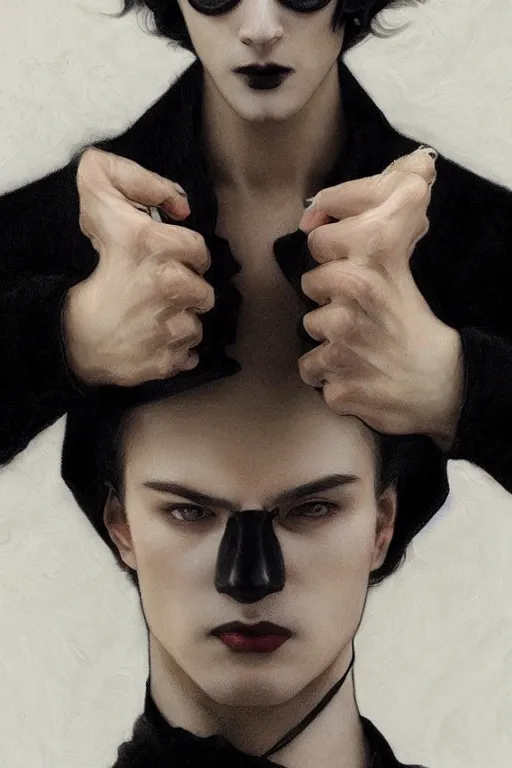 Image similar to a handsome man, short white hair, goth, intricate, elegant, dramatic lighting, gorgeous face, black leather jacket, highly detailed, lifelike, photorealistic, digital painting, artstation, illustration, concept art, smooth, sharp focus, art by John Collier and Albert Aublet and Krenz Cushart and Artem Demura and Alphonse Mucha