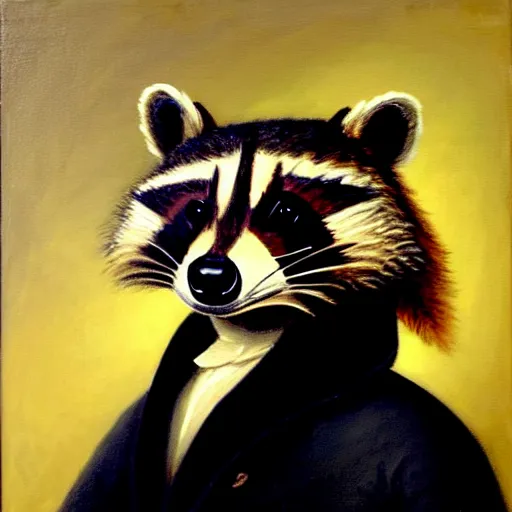 Image similar to a head and shoulders portrait painting of an anthropomorphic!!!!!!!!!! raccoon!!!!!!!!!! wearing a colonial outfit without a hat looking off camera, a character portrait, american romanticism, oil on canvas, soft focus