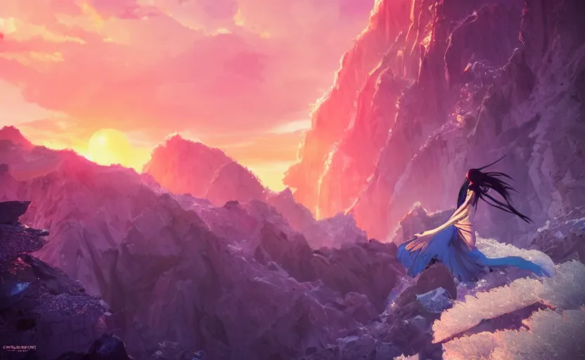 Image similar to Himalayan in a crystallized temple, beautiful flowing fabric, sunset, dramatic angle, dynamic pose, 8k hdr pixiv dslr photo by Makoto Shinkai ilya kuvshinov and Wojtek Fus