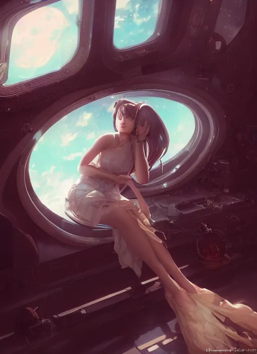 Prompt: woman sitting on a spaceship window, beautiful detailed dress, highly detailed face, smiling, by artgerm, by wlop, by greg rutkowski, anime style, octane render