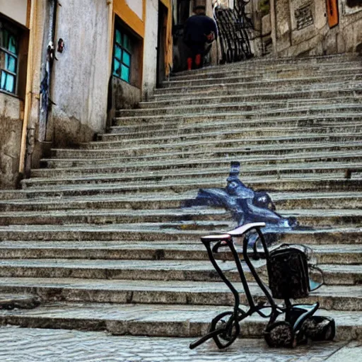 Prompt: a zimmer frame on steps in Porto, greg rutkowski