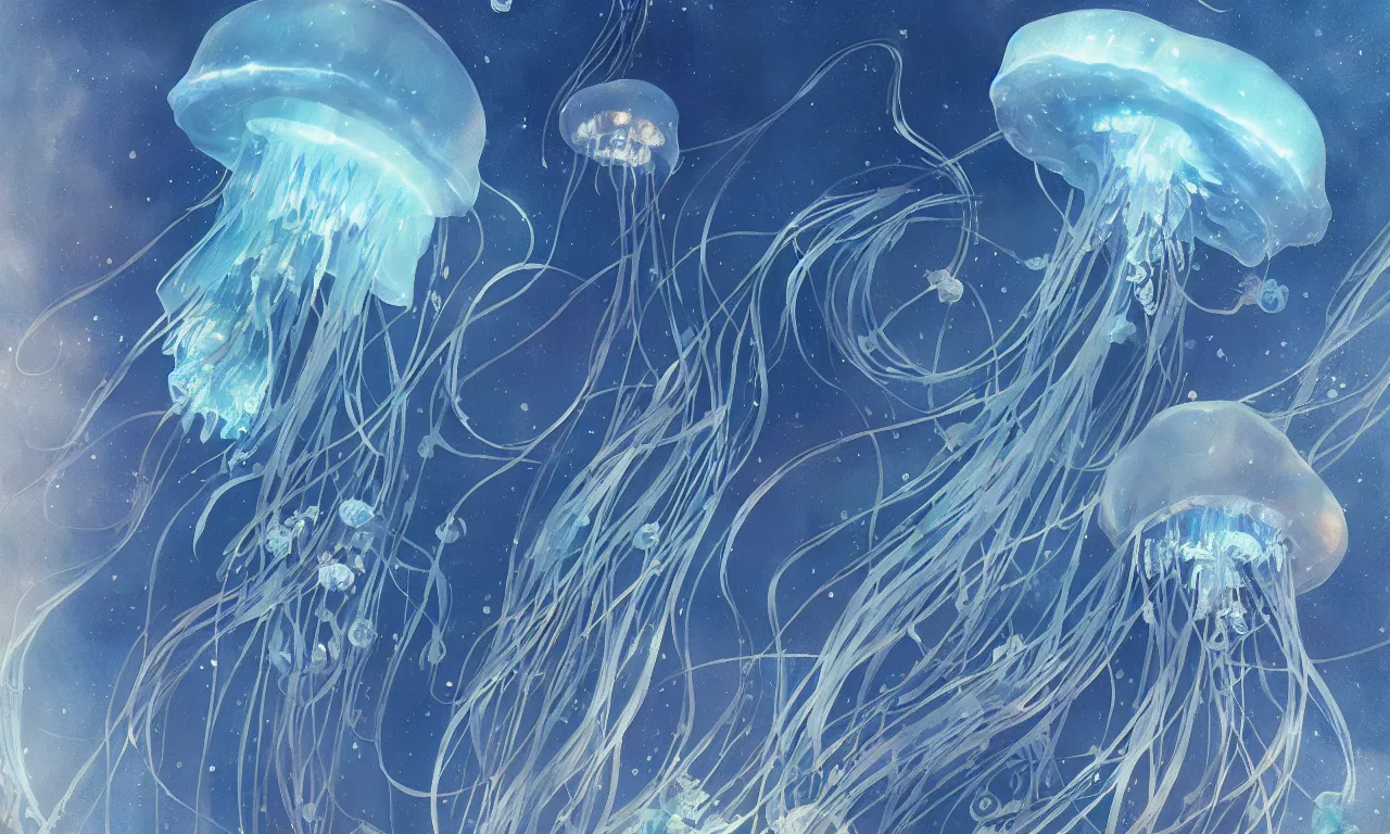 Prompt: detailed jellyfish in space, blue tones, underwater, full frame, highly detailed, digital painting, artstation, concept art, smooth, sharp focus, illustration, art greg rutkowski and alphonse mucha