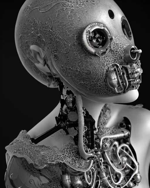 Image similar to black and white dreamy foggy smoky profile face portrait, one silver steampunk realistic eye biomechanical beautiful young female cyclope - cyborg - robot bust, body ribs meshes,, volumetric light, hibiscus flowers, by hg giger, rim light, by dora maar and cecile beaton, big gothic fashion pearl embroidered collar, 8 k