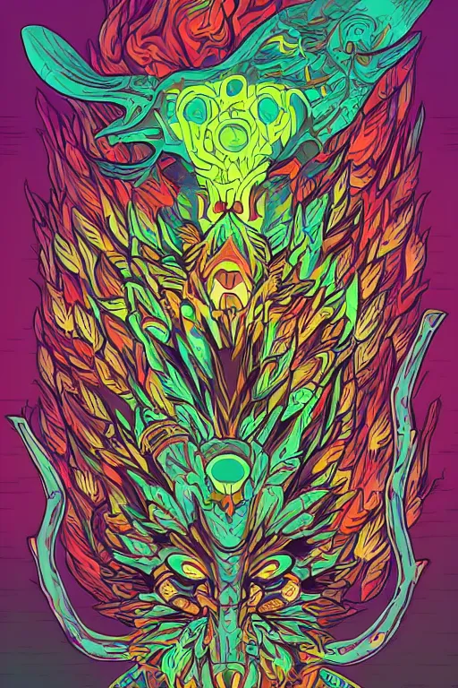 Image similar to totem animal mask tribal feather gemstone plant wood rock shaman vodoo video game vector illustration vivid multicolor borderlands comics by josan gonzales and dan mumford radiating a glowing aura