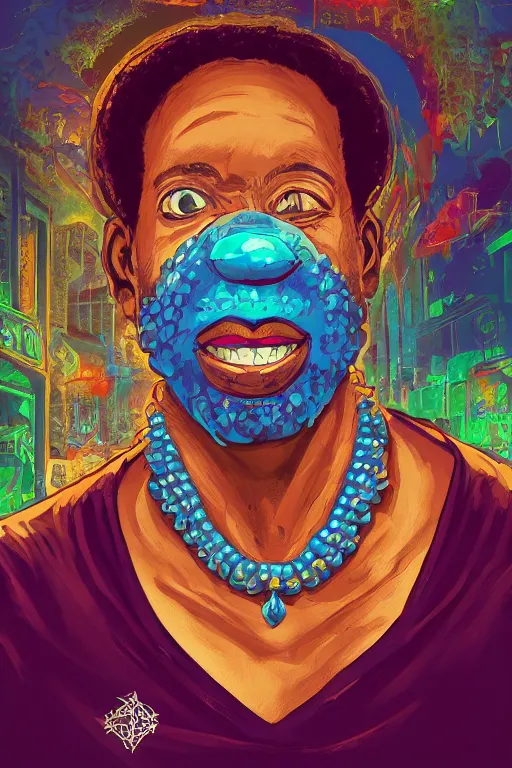 Prompt: portrait of very happy jewel djinn jeweler in the style of Rob Lefield and Dan Mumford , trending on artstation, digital art,surrealism ,macro,blueprint ,vaporwave ,