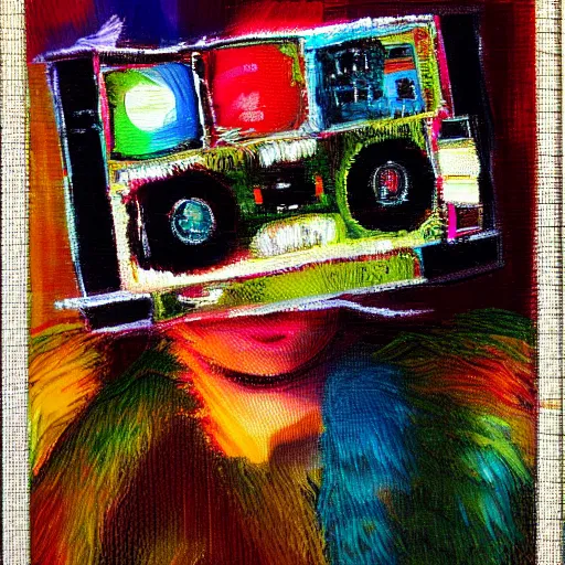 Image similar to made out of fur, array of crt televisions, tv static, antenna, stacked, polaroid, steroids, adult video store, impressionist painting, painting, acrylic painting, cell shaded