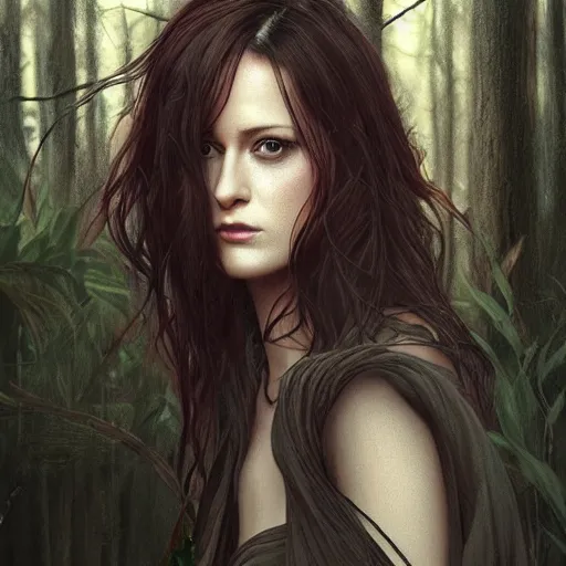 Image similar to full figure ultra realistic illustration, evan rachel wood in a forest wearing a dystopian black dress, brown flowy hair with tints of red, edo japan, intricate, elegant, highly detailed, digital painting, artstation, concept art, smooth, sharp focus, illustration, art by artgerm and greg rutkowski and alphonse mucha