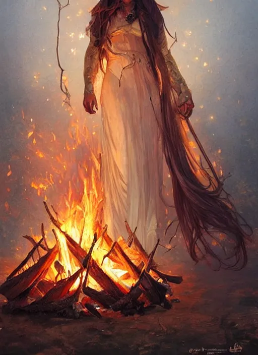 Prompt: portrait of a stunningly beautiful campfire, highly detailed, 3 5 mm photo, artstation, concept art, sharp focus, 2 8 mm macro photo, art by artgerm and greg rutkowski and alphonse mucha, incredibly beautiful and symmetrical, incredibly detailed, award winning art, royal