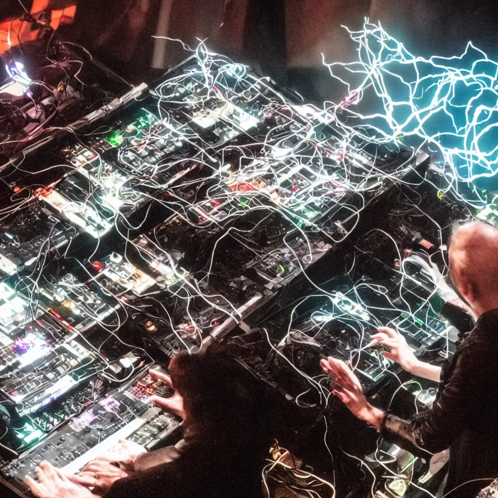 Prompt: A Warlock performing with a modular synthesizer, lightning in the background, high quality