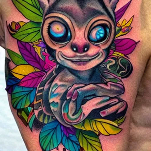 Prompt: shoulder tattoo of a multicolored psychedelic cute bush baby, eyes are colorful spirals, surrounded with colorful sparkeling flowers and irisdescent marihuana leaves, insanely integrate