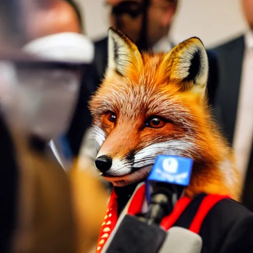 Image similar to a fox animal dressed in a suit giving a presidential press conference, 8 5 mm f / 1. 4