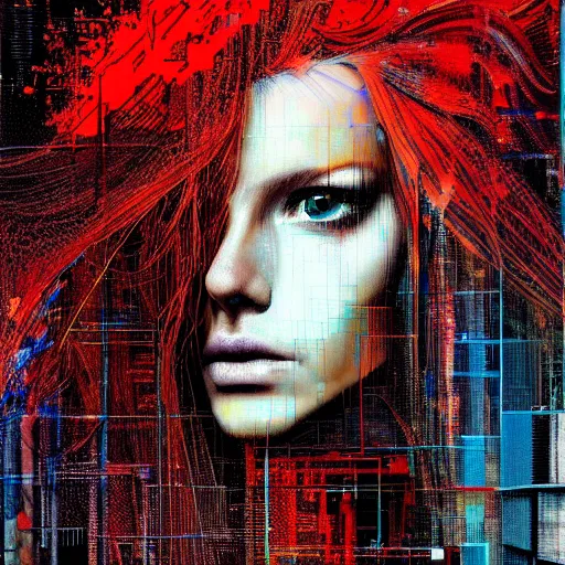 Prompt: hyperrealistic portrait of a mysterious cyberpunk woman with flowing hair, by Guy Denning, Johannes Itten, Russ Mills, beautiful, elusive, glitch art, hacking effects, glitch effects, digital tech effects, cybernetics, detailed lines, intricate detail, holographic, chromatic, clear, color blocking, acrylic on canvas, octane, concept art, abstract, red face, front view, 8k, trending on cgsociety, trending on artstation