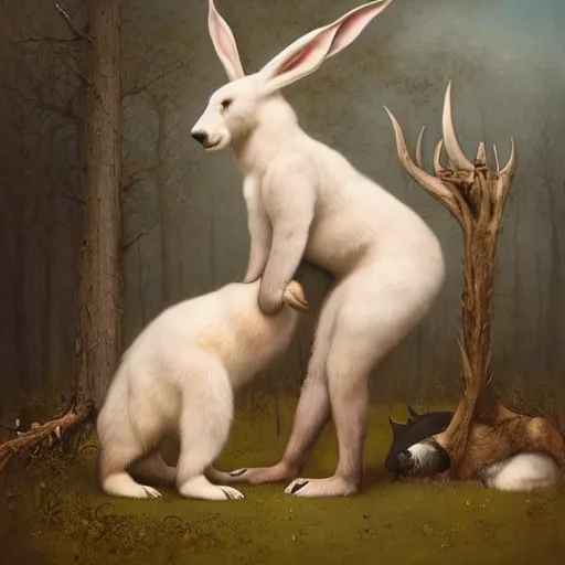 Image similar to a bear and a bunny chimera with the size and strength of a bear, The white color and long bunny ears of a bunny and golden brown antlers. Peter Mohrbacher. George Stubbs