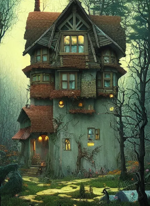 Image similar to hyper realistic homely ornate modern witch cottage far away in the woods gorgeous lighting, blue sky, highly detailed, lush forest by zdzisław beksinski and norman rockwell and greg rutkowskiweta studio, and lucasfilm