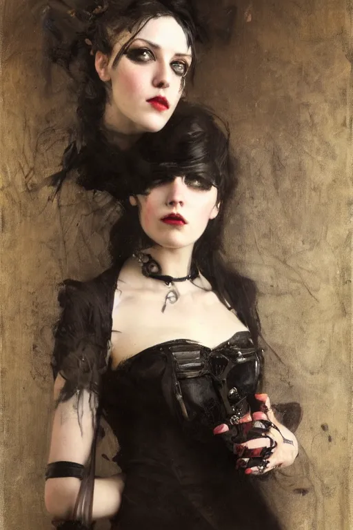 Image similar to Richard Schmid and Jeremy Lipking and Roberto Ferri full length portrait painting of a young beautiful victorian steampunk goth punk rock woman