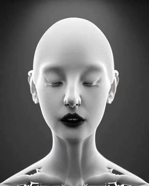 Image similar to dreamy foggy elegant soft luminous bw profile face portrait 3 d render, beautiful young biomechanical - porcelain - female - cyborg with a delicate detailed mandelbrot fractal texture skin and a very long neck with gothic pearl embroidered collar, halo, white smoke atmosphere, rim light, hg giger, 8 k