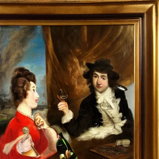 Prompt: oil painting by gainsborough of a gentleman opening a bottle of champagne with a sword while watched by a long - haired brown and white tabby cat. n - 6