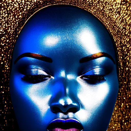 Image similar to portrait of metallic face, african woman, mercury, reflections, smooth texture, liquid metal, proud looking, outdoor, blue sky, 8 k, realistic, depth of field, highly detailed, art photography