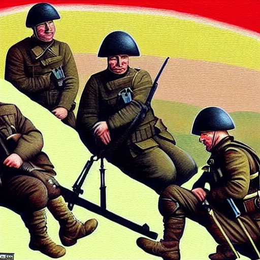 Prompt: Putin is sitting in the trenches and defending himself from Ukrainian troops, Retro futuristic painting style