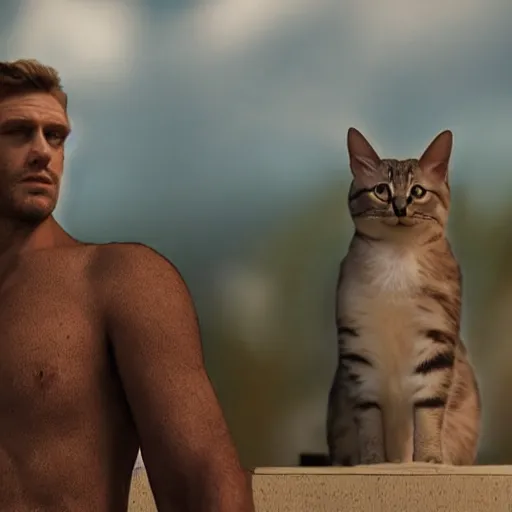 Image similar to cat - faced giant mans with his friend by his side, high definition movie, photorealistic detail, futuristic production, adventure movie, 8 k