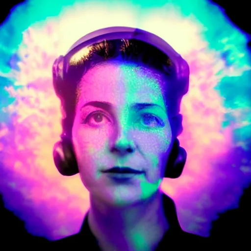 Image similar to modern double exposure monochrome head shot portrait of a female wwii pilot over a brilliant iridescent nebula. orange, pink, purple color ombre.