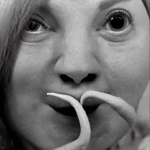 Image similar to woman with prosthetic nose enters an eyeball cult, 1973 live-action children's tv show, color